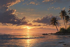 ハワイの夕陽が海を黄金色に染め、ヤシの木と波が調和する癒しの風景