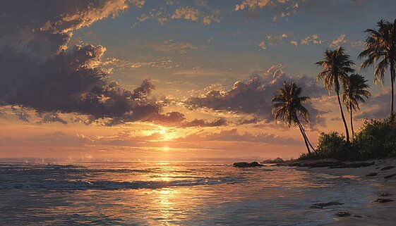 ハワイの夕陽が海を黄金色に染め、ヤシの木と波が調和する癒しの風景