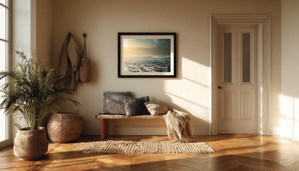 朝の柔らかな光が差し込む玄関に、ハワイの海のアートが飾られたインテリア。木製ベンチとクッション、観葉植物が並ぶ落ち着いた空間。