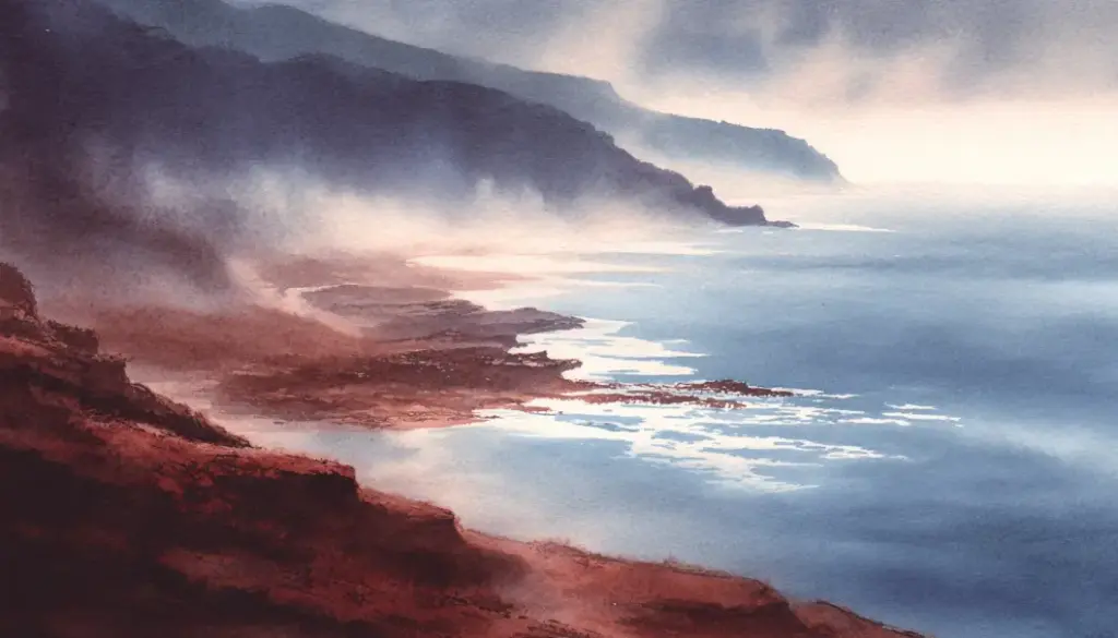 赤い大地と黒い海岸線が広がるハワイ島の風景を描いた水彩アート。霧に包まれた断崖と静かな青い海が対比し、溶岩が生んだ大地の強さと静かなマナを感じさせる情景。