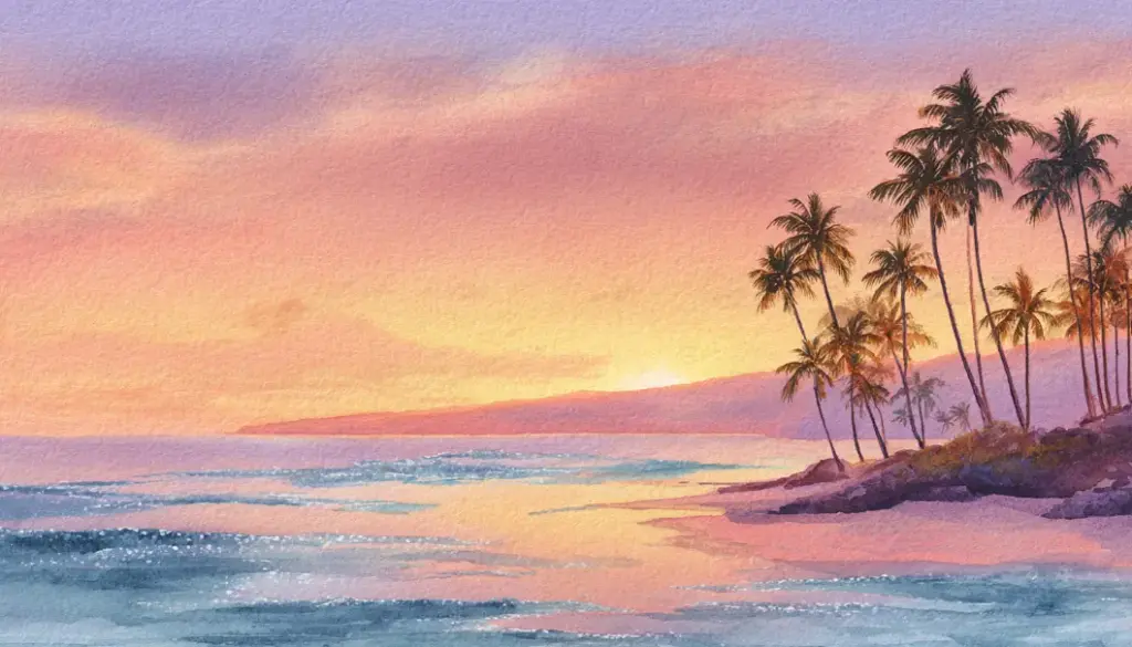 夕暮れのハワイの海と柔らかな光に包まれた風景が、文化と祈りの温もりを象徴するイメージ