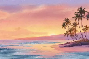 夕暮れのハワイの海と柔らかな光に包まれた風景が、文化と祈りの温もりを象徴するイメージ