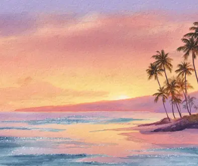 夕暮れのハワイの海と柔らかな光に包まれた風景が、文化と祈りの温もりを象徴するイメージ