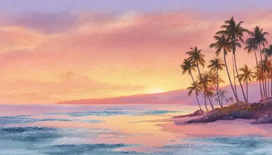 夕暮れのハワイの海と柔らかな光に包まれた風景が、文化と祈りの温もりを象徴するイメージ