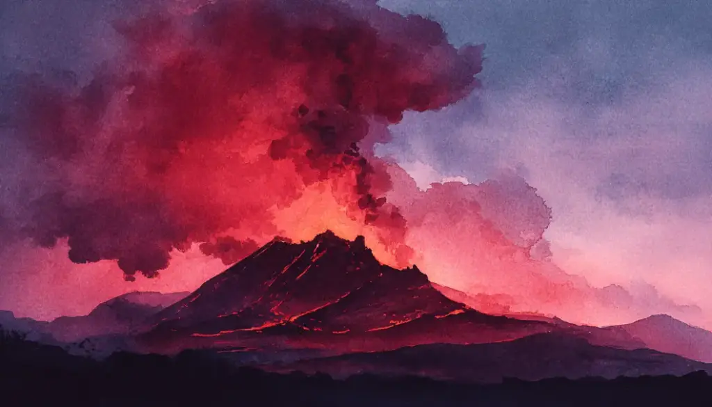 ハワイの火山と赤く輝く溶岩を象徴的に描いた、ペレ神話をイメージした神聖な風景アート