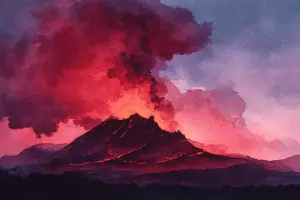 ハワイの火山と赤く輝く溶岩を象徴的に描いた、ペレ神話をイメージした神聖な風景アート