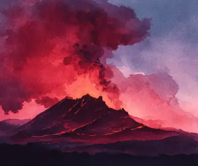 ハワイの火山と赤く輝く溶岩を象徴的に描いた、ペレ神話をイメージした神聖な風景アート