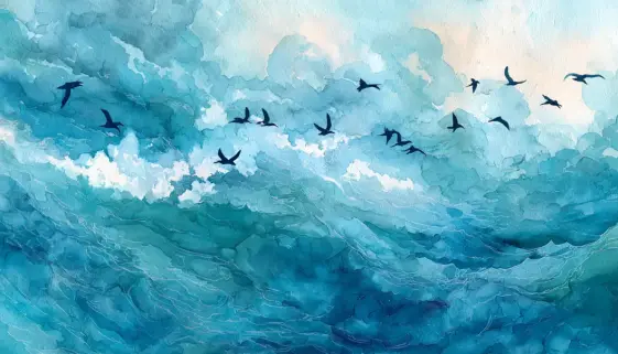 海鳥の飛ぶ方向から道を読み取る、古代ハワイの航海とナヴィゲーションの神ヒイラニの伝説をイメージした風景