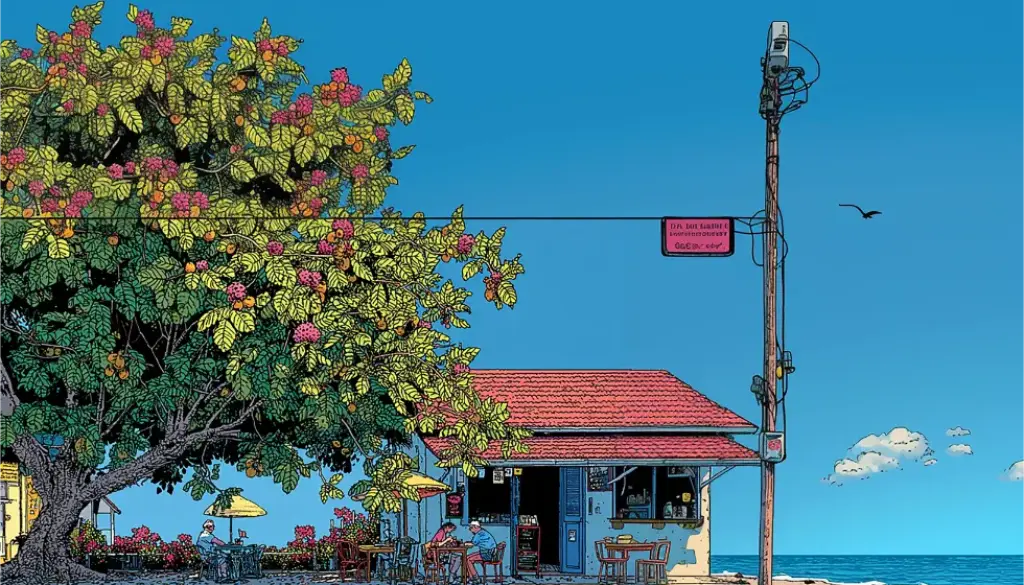 海辺の小さなカフェと大きな木陰、青い海が広がる穏やかな時間を描いたハワイアンキャンバスアート