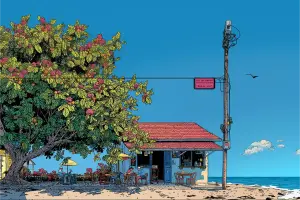 海辺の小さなカフェと大きな木陰、青い海が広がる穏やかな時間を描いたハワイアンキャンバスアート