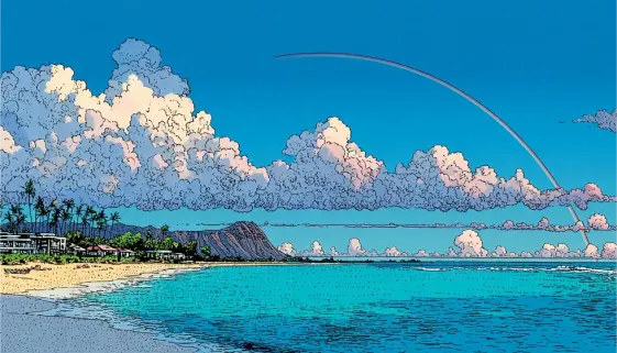 海岸線からハワイのオアフ島の名所ダイヤモンドヘッドを描いたアート