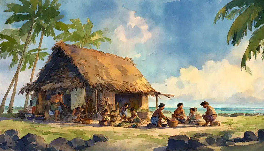 昔のハワイの村で人々が助け合いながら暮らしていた、自然と共生する穏やかな島の生活風景