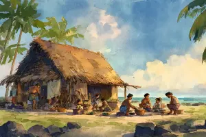 昔のハワイの村で人々が助け合いながら暮らしていた、自然と共生する穏やかな島の生活風景