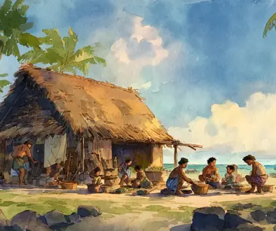 昔のハワイの村で人々が助け合いながら暮らしていた、自然と共生する穏やかな島の生活風景