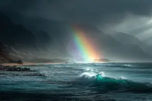 ハワイの空にかかる虹と穏やかな海の風景