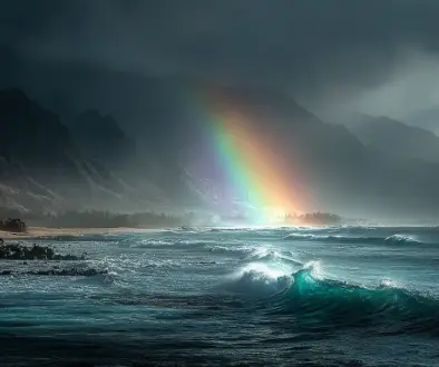 ハワイの空にかかる虹と穏やかな海の風景