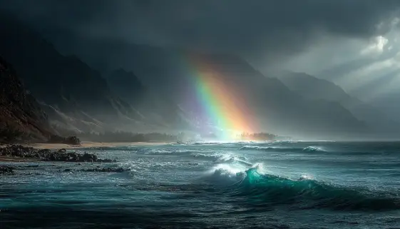 ハワイの空にかかる虹と穏やかな海の風景
