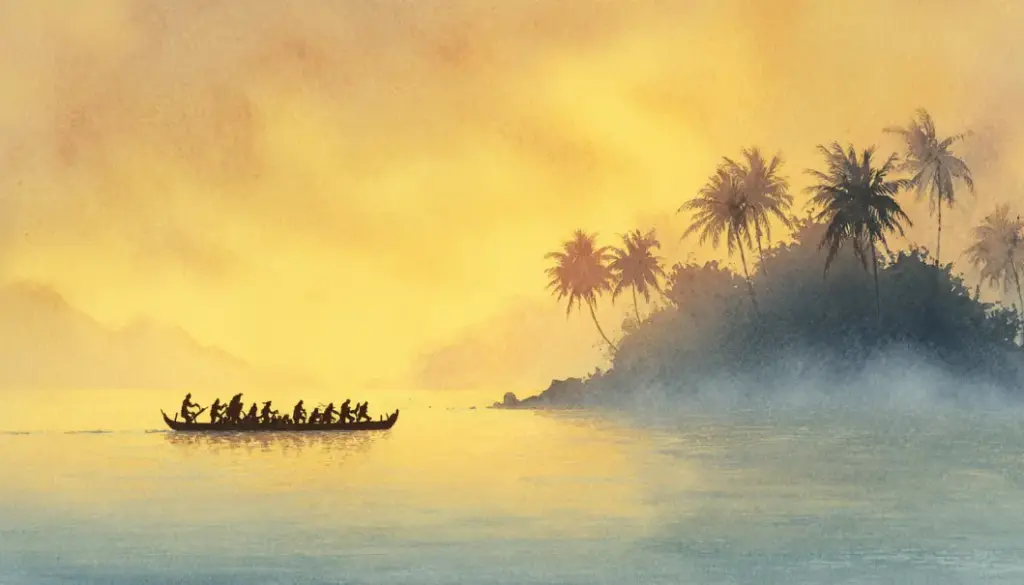 ハワイの海の朝焼けと島のシルエットが広がる風景が、最初の出会いの物語を象徴するイメージ