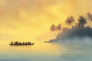 ハワイの海の朝焼けと島のシルエットが広がる風景が、最初の出会いの物語を象徴するイメージ