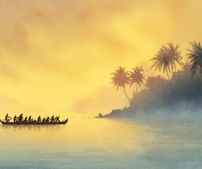 ハワイの海の朝焼けと島のシルエットが広がる風景が、最初の出会いの物語を象徴するイメージ