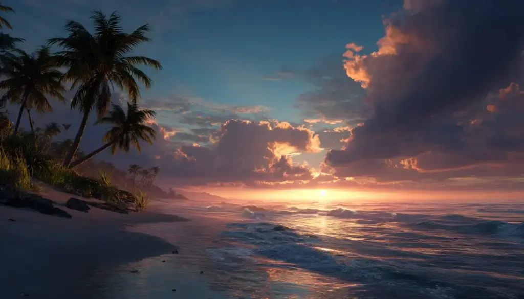 朝日の光に包まれたハワイの海と空が広がる風景が、Hauʻoliの意味する静かな幸せと喜びを象徴するイメージ