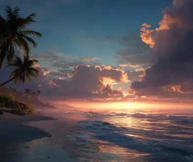 朝日の光に包まれたハワイの海と空が広がる風景が、Hauʻoliの意味する静かな幸せと喜びを象徴するイメージ