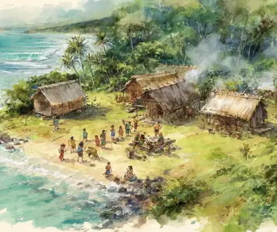 ハワイの伝統的な村での穏やかな暮らしを感じる風景