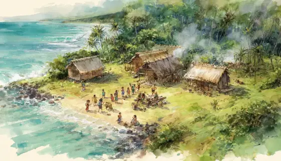 ハワイの伝統的な村での穏やかな暮らしを感じる風景