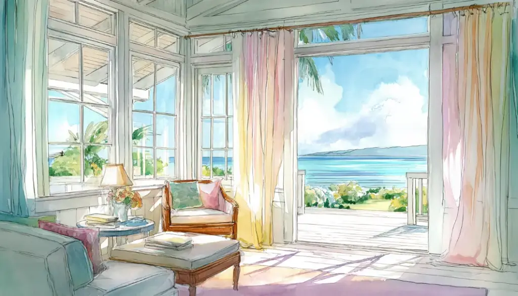 海の光がやさしく差し込むハワイの穏やかな風景が、Maluhiaの意味する平和と癒しの空間を象徴するイメージ