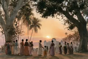 夕暮れのイオラニ宮殿とハワイ王国の記憶を受け継ぐ人々を描いた風景
